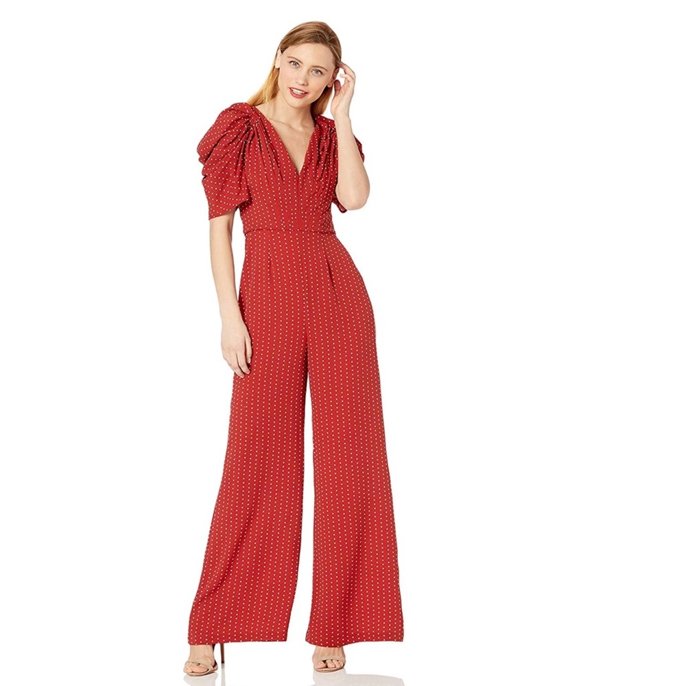 C/Meo Collective Vices Red White Dot Gathered Puff‎ sleeve Wide leg Jumpsuit Sm